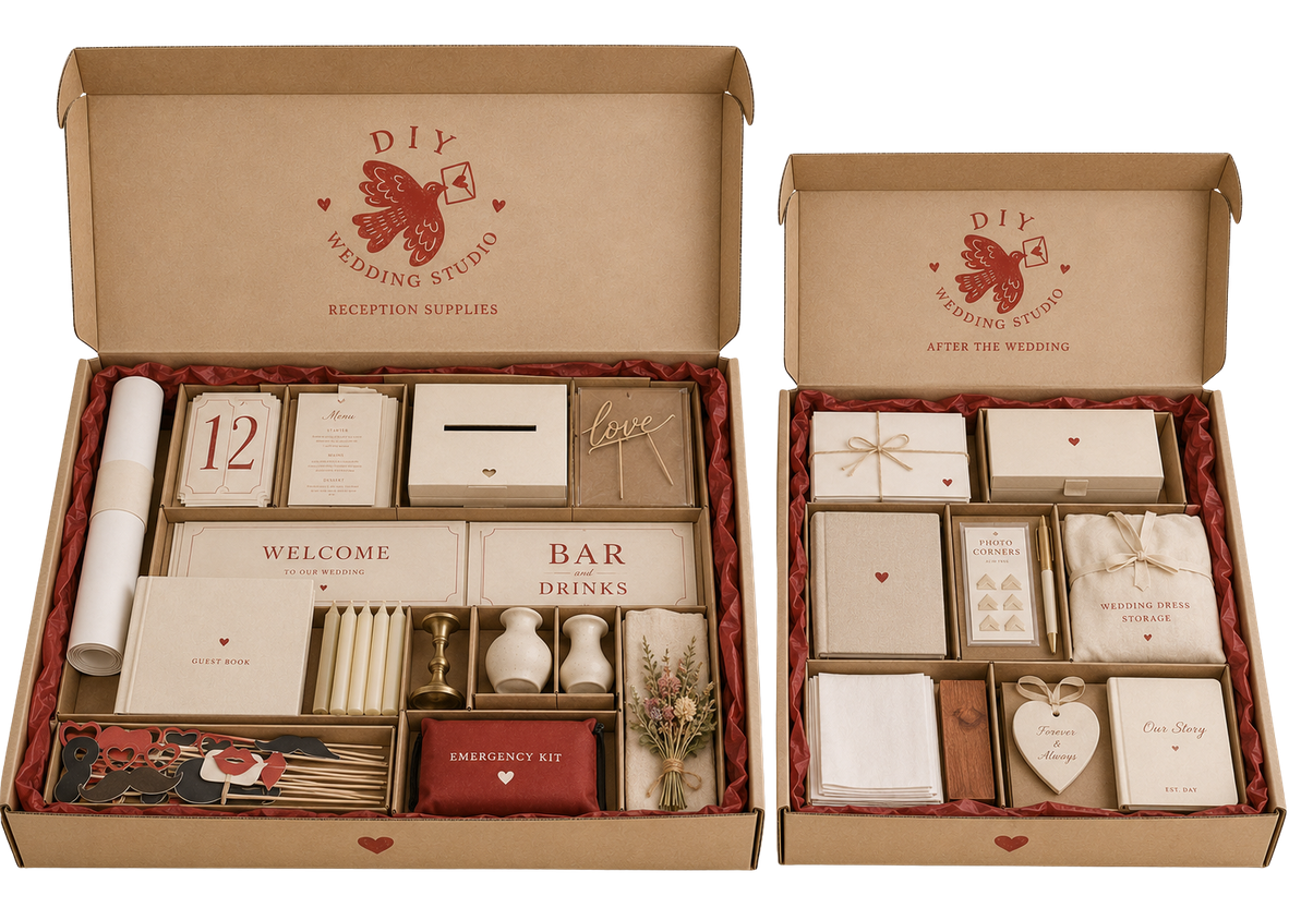 Open DIY Wedding Studio boxes showing reception supplies and after-the-wedding keepsakes
